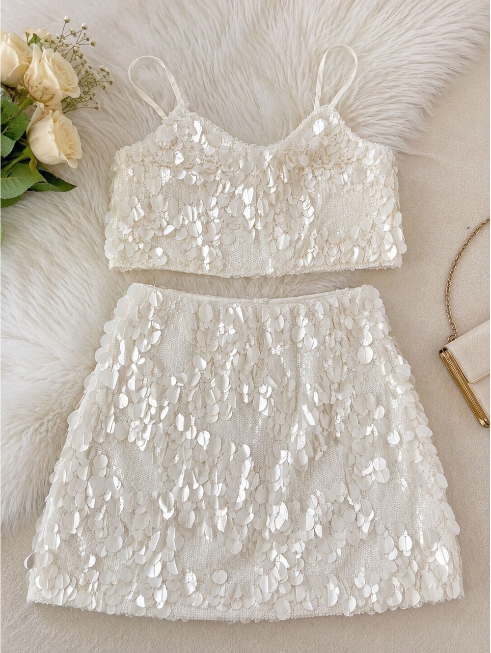 Ted Baker London Ivory Sequin 2 Piece Set Crop Top Mini Skirt NWT Size 2